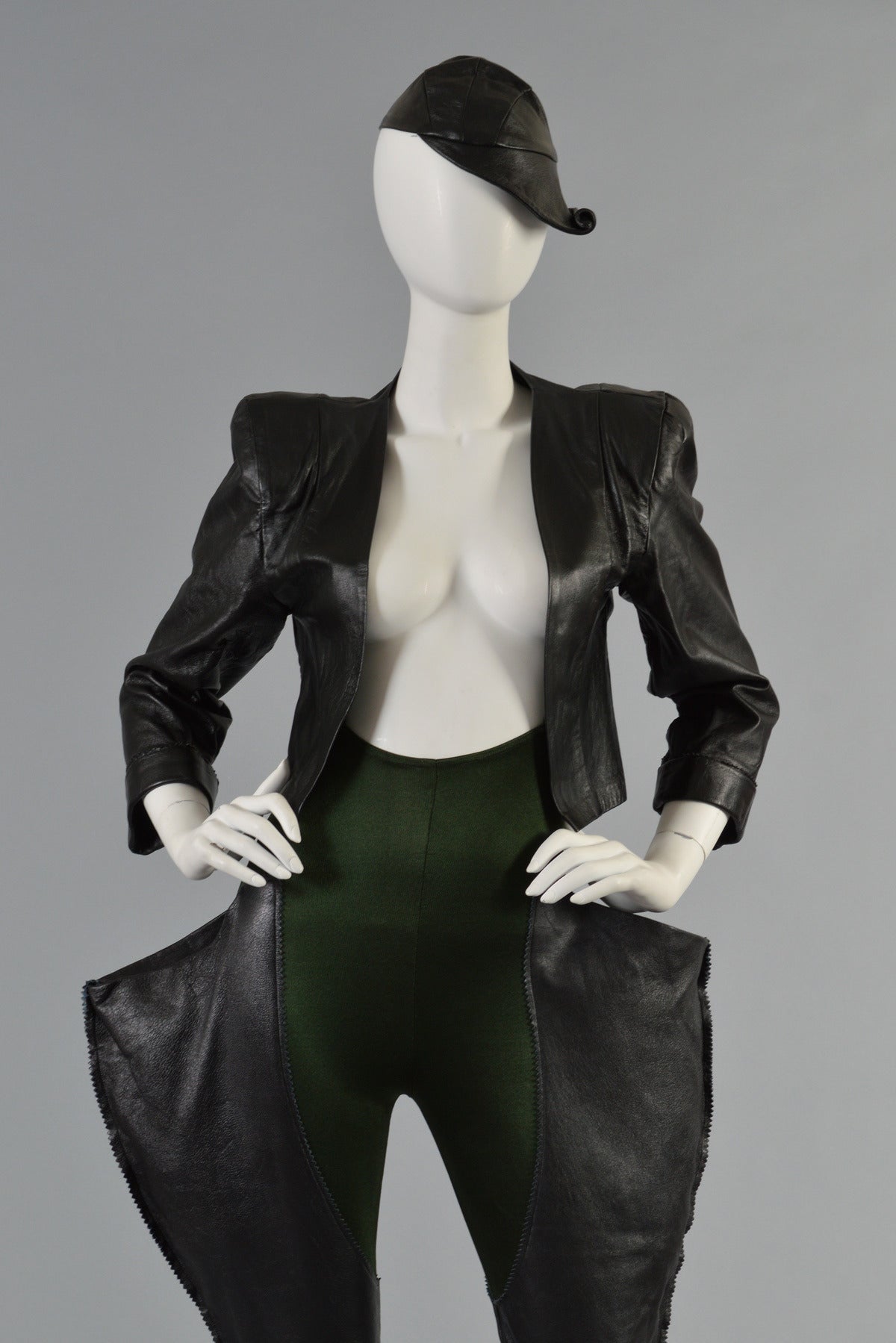 Black 1979 Norma Kamali OMO 3-Piece Leather and Spandex Ensemble For Sale