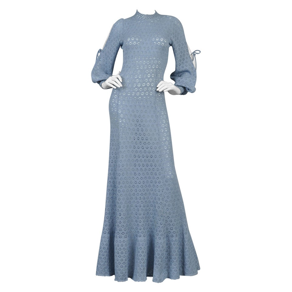 Cornflower Blue Bohemian Crochet Knit Maxi Dress with Open Sleeves