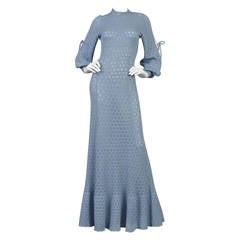 Vintage Cornflower Blue Bohemian Crochet Knit Maxi Dress with Open Sleeves