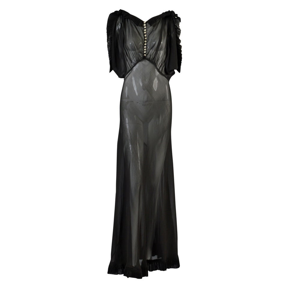 1930's Black Sheer Evening Gown with Open Draped Sleeves For Sale