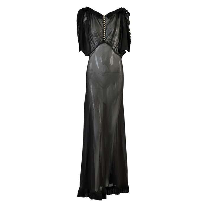 1930's Black Sheer Evening Gown with Open Draped Sleeves For Sale at ...