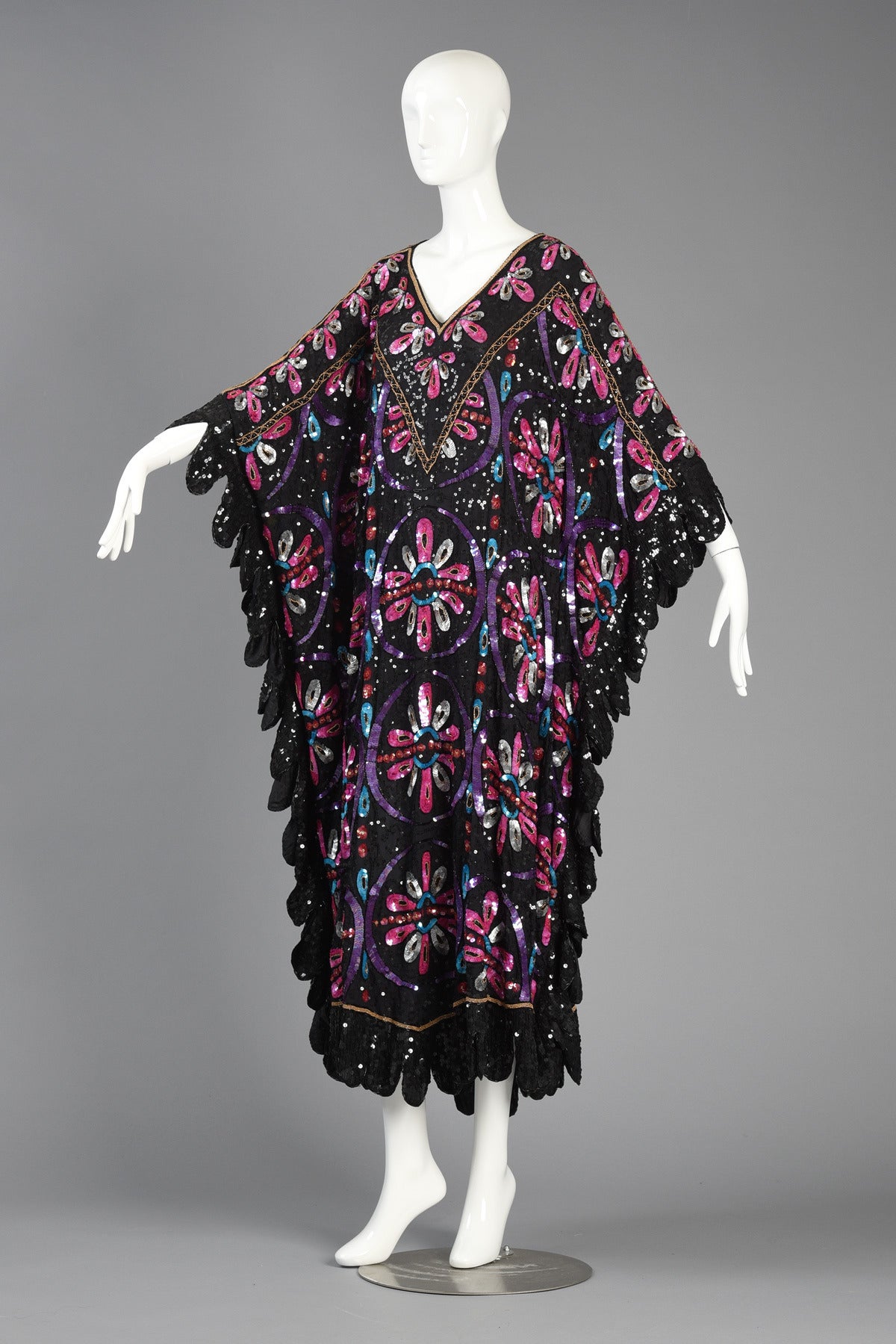 Black Showstopping Sequin Encrusted Floral Silk Caftan For Sale