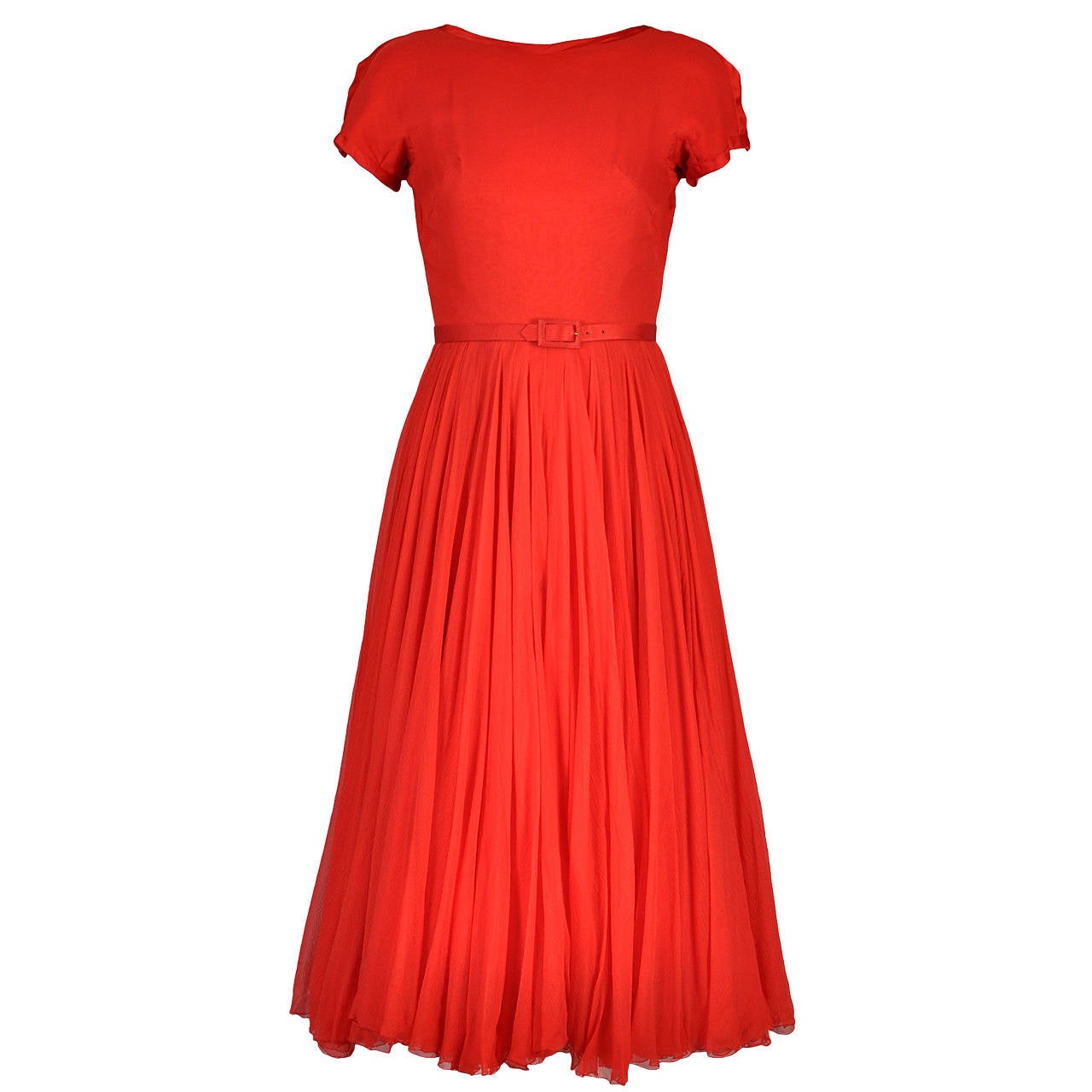 Circa 1951 James Galanos Cherry Red Silk Chiffon Party Dress