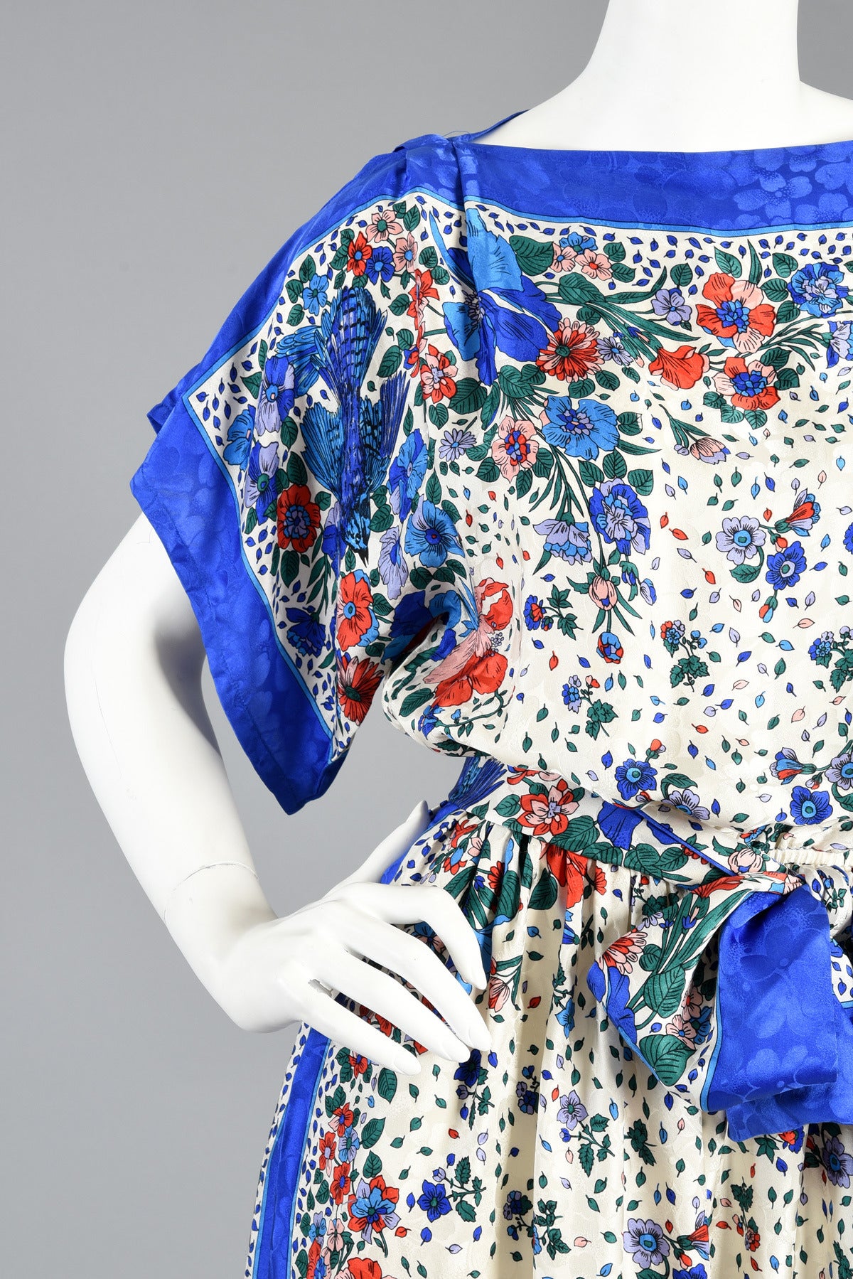 1980s Bluebirds + Flowers Kimono Sleeved Silk Scarf Dress 1