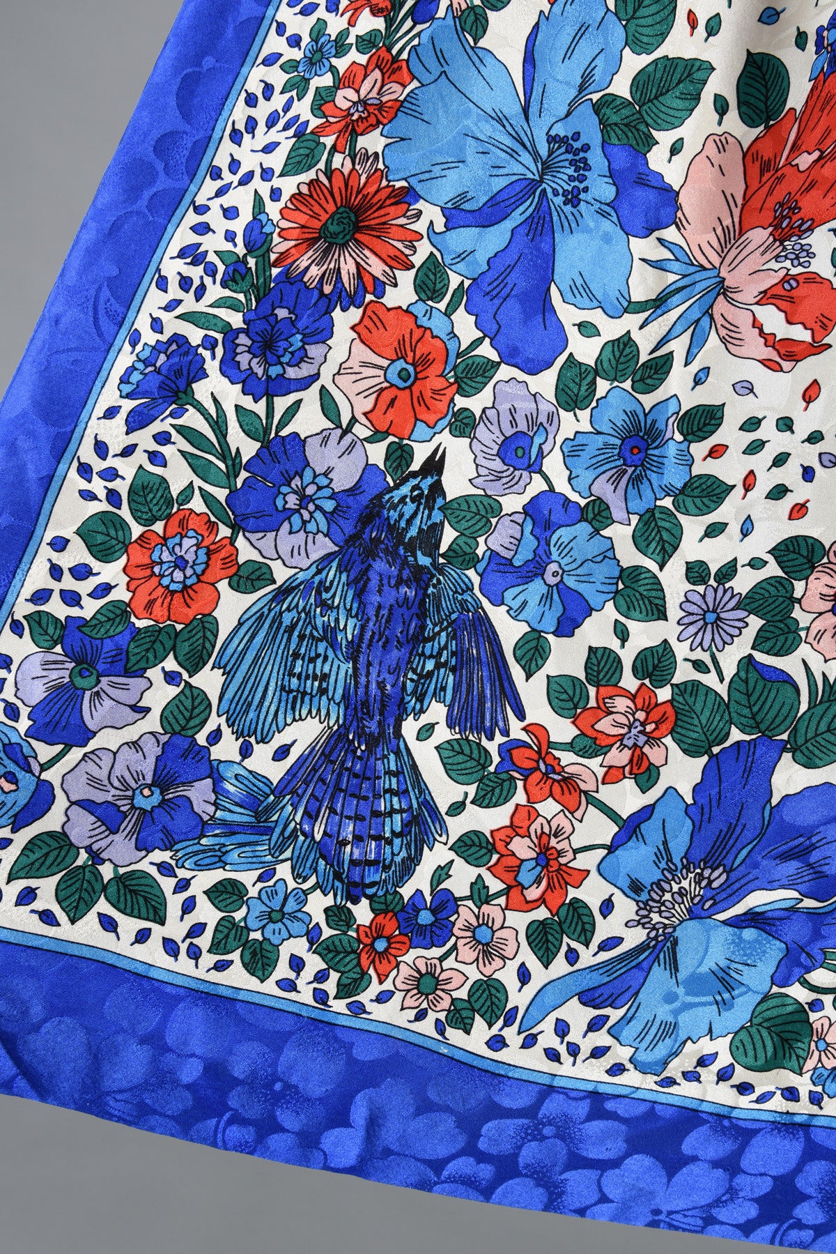 1980s Bluebirds + Flowers Kimono Sleeved Silk Scarf Dress 2