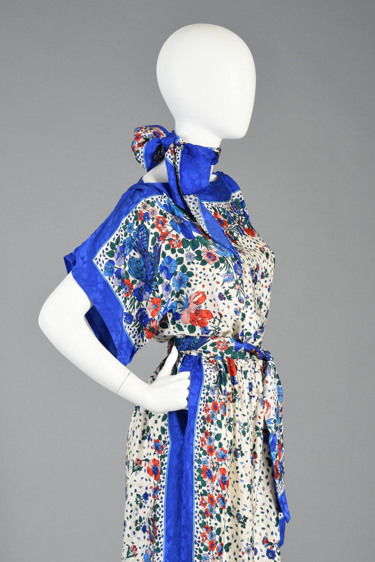 1980s Bluebirds + Flowers Kimono Sleeved Silk Scarf Dress 4