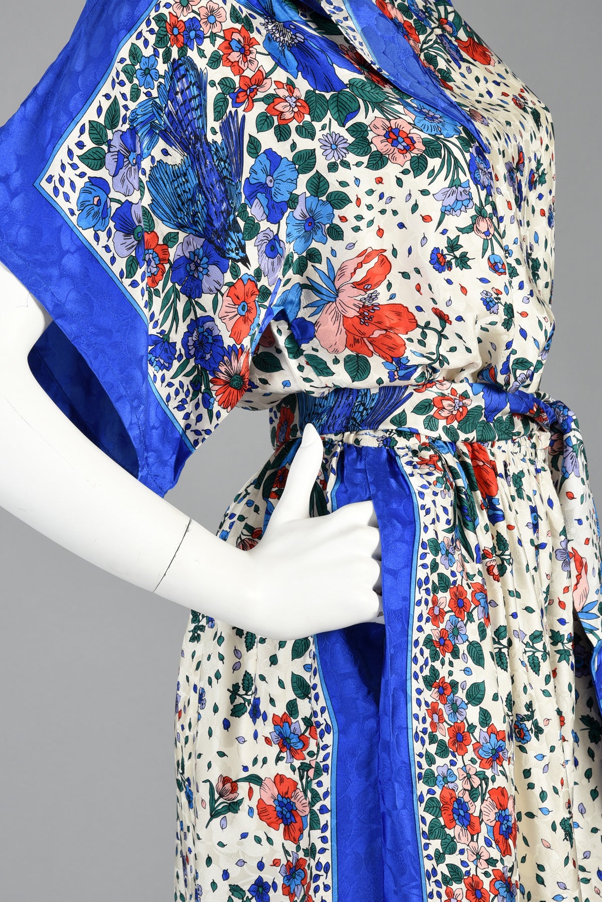 1980s Bluebirds + Flowers Kimono Sleeved Silk Scarf Dress 5