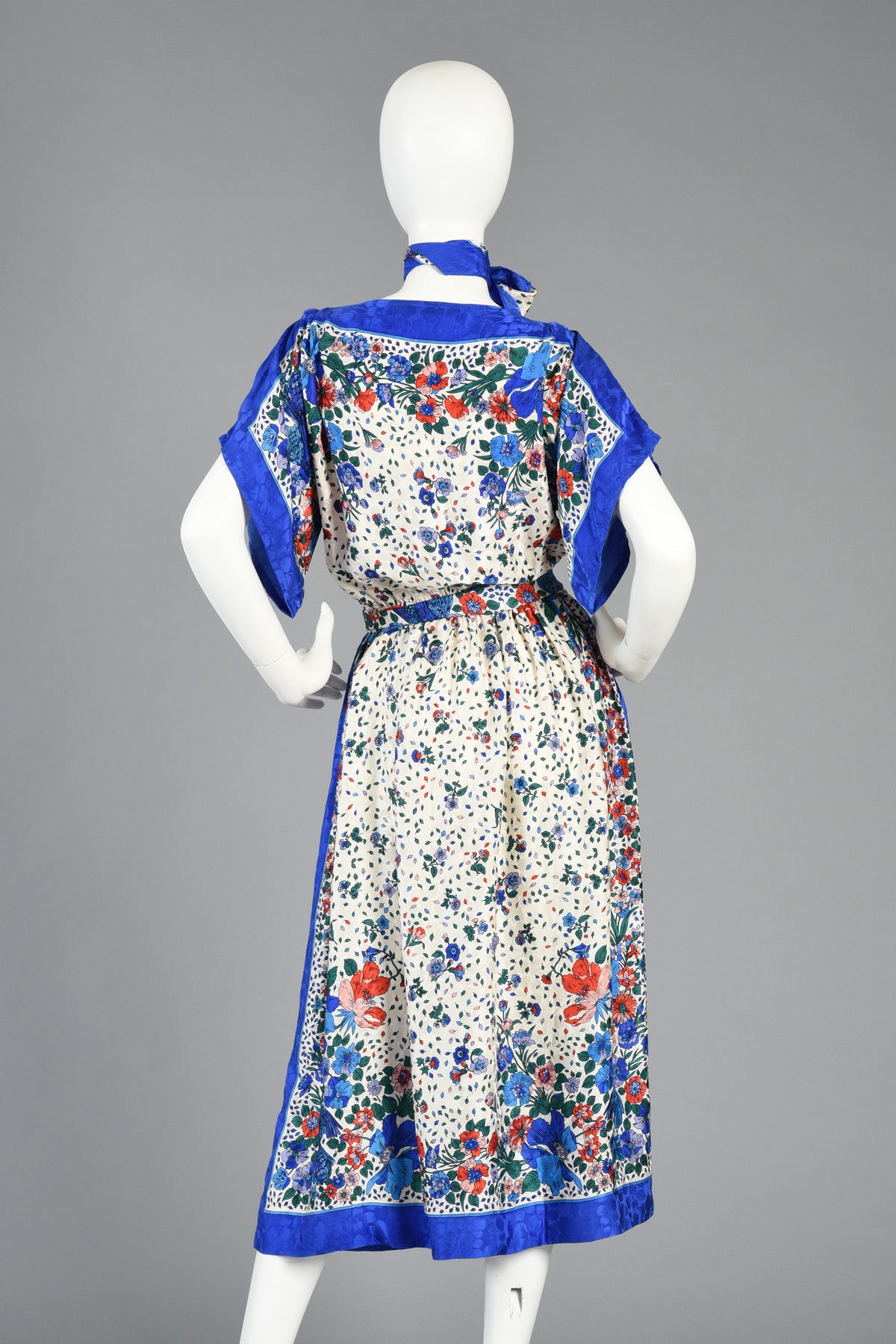 1980s Bluebirds + Flowers Kimono Sleeved Silk Scarf Dress 6