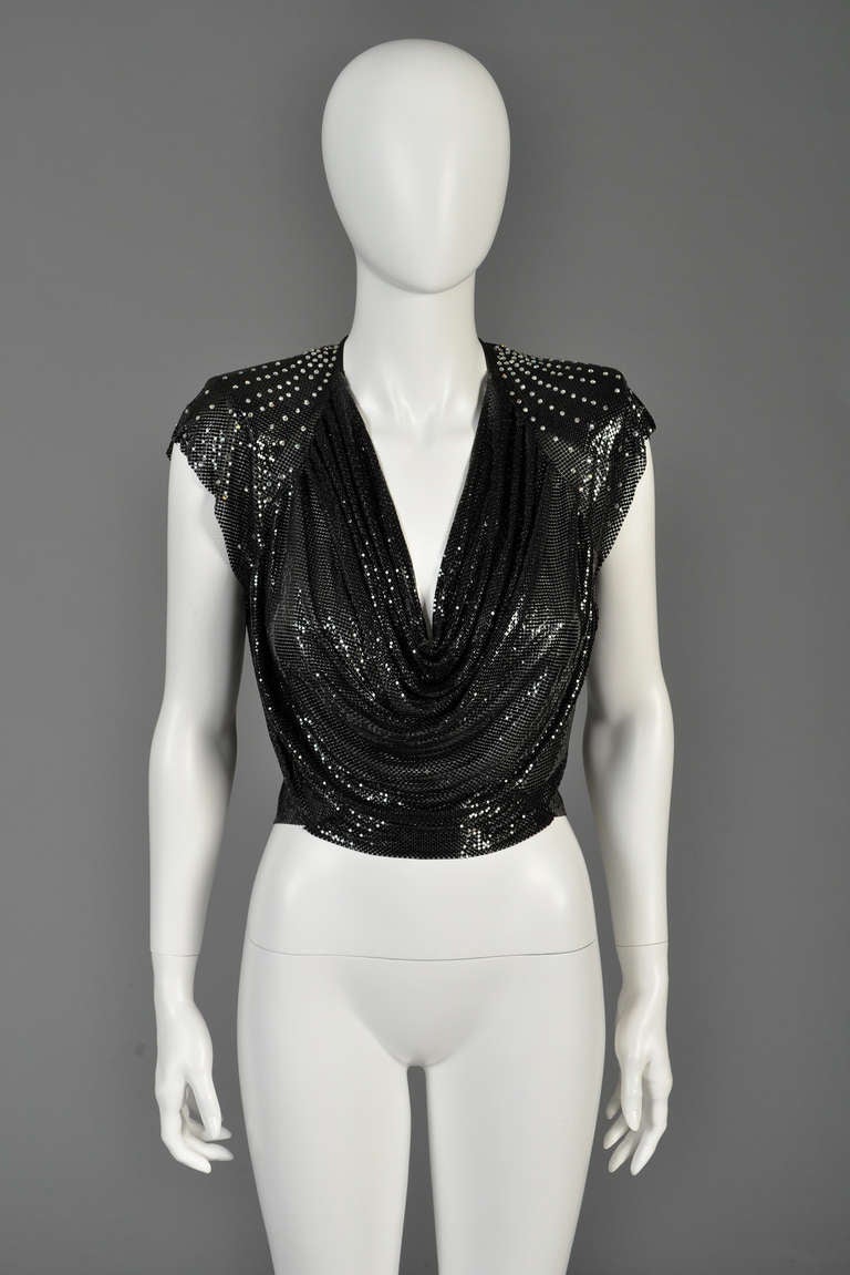 Superb and ultra rare 1970s/early 80s chain mail top by Anthony Ferrara. Usually you see these tops designed for Whiting & Davis by Ferrara and it's rare to find items with the designer's name alone. Black metal mesh (also a rare find) with plunging