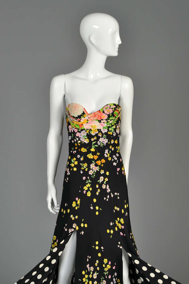 Iconic 1993 Gianni Versace Couture Floral + Polkadot Silk Gown In Excellent Condition In Yucca Valley, CA