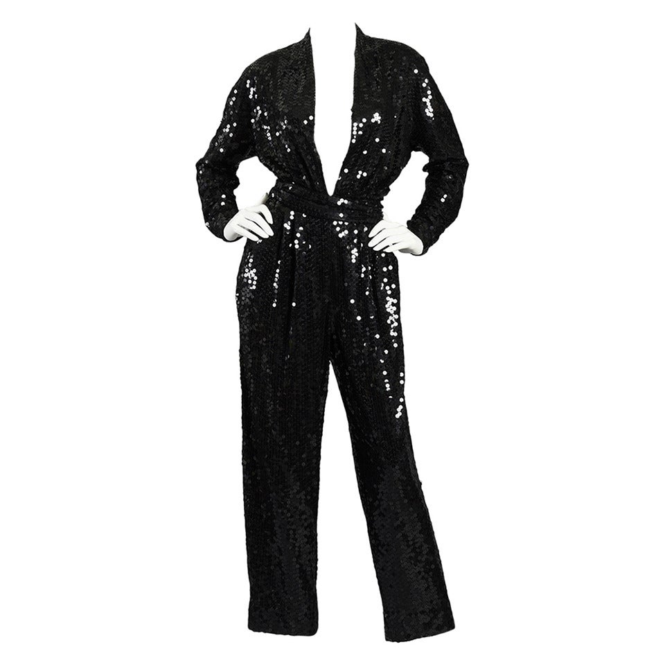 Darling Black Sequin Jumpsuit with Plunging Neckline at 1stDibs