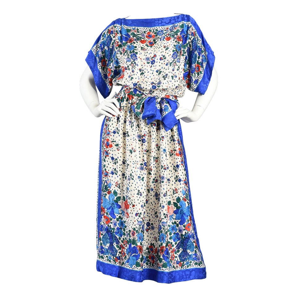 1980s Bluebirds + Flowers Kimono Sleeved Silk Scarf Dress