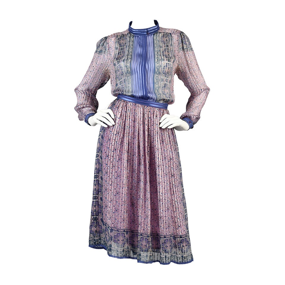 1970s Sheer Bohemian Silk Dress with an Indian Print