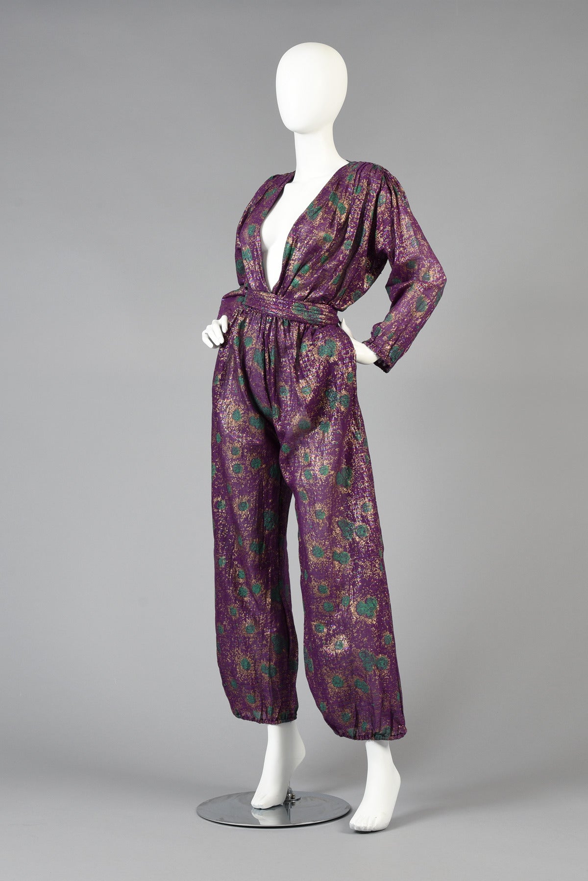 1970s Indian Jumpsuit with Metallic Painted Florals 1