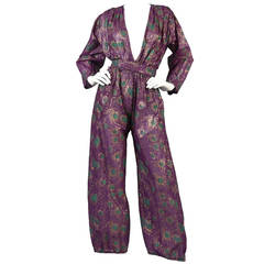 Vintage 1970s Indian Jumpsuit with Metallic Painted Florals