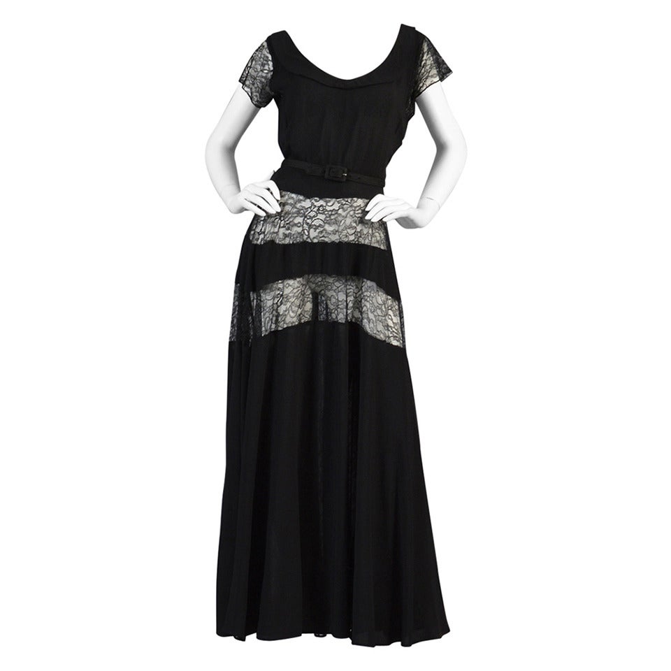 1940s Black Rayon Crepe + Lace Insert Panel Evening Gown For Sale