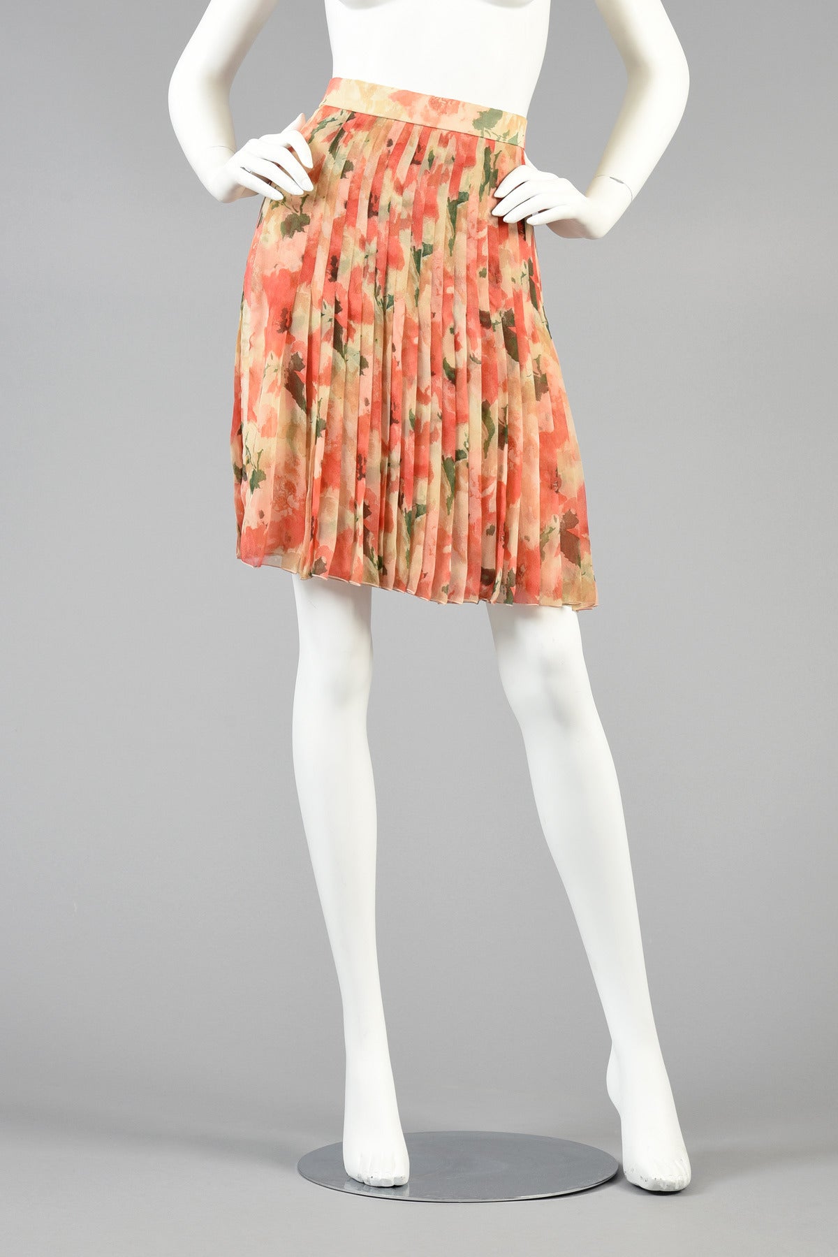 Orange 1990's Christian Dior Numbered Pleated Floral Silk Skirt For Sale