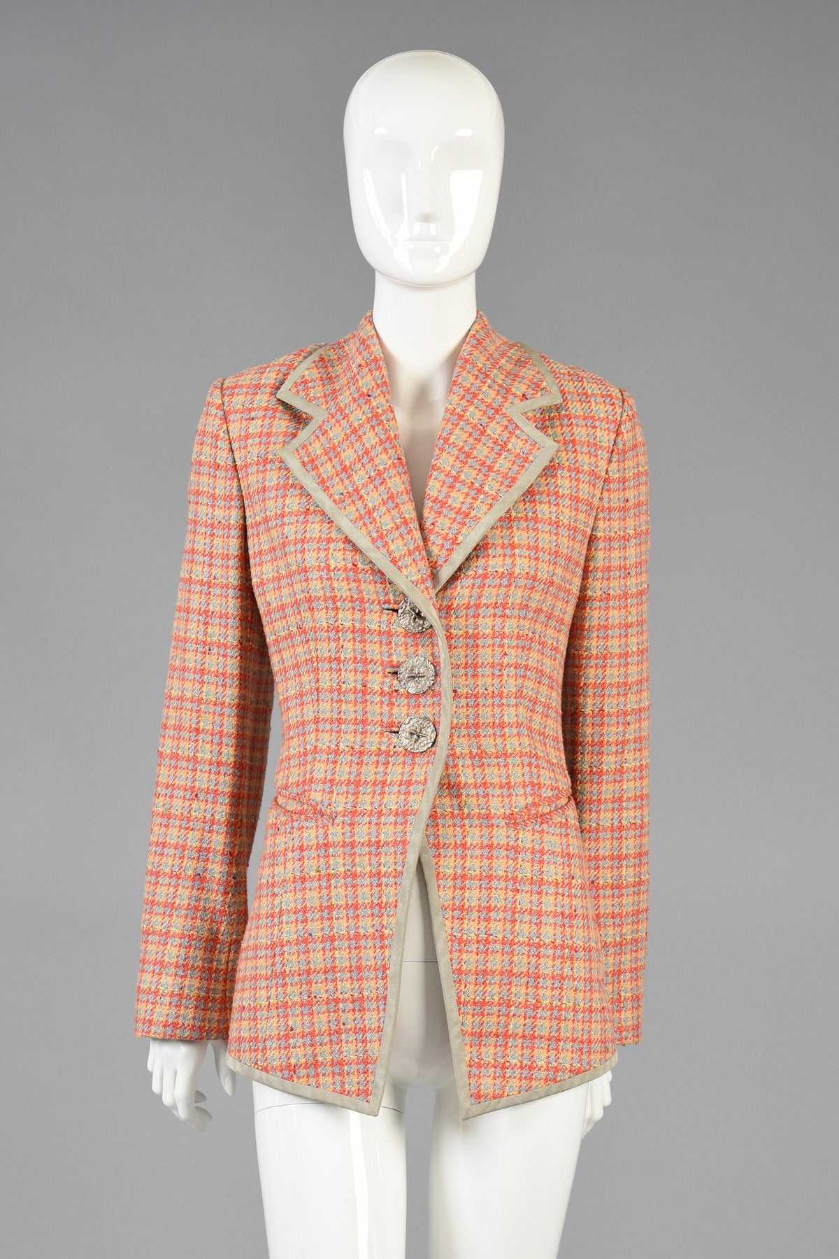 Beige 1990's Christian Dior Houndstooth Plaid Jacket For Sale