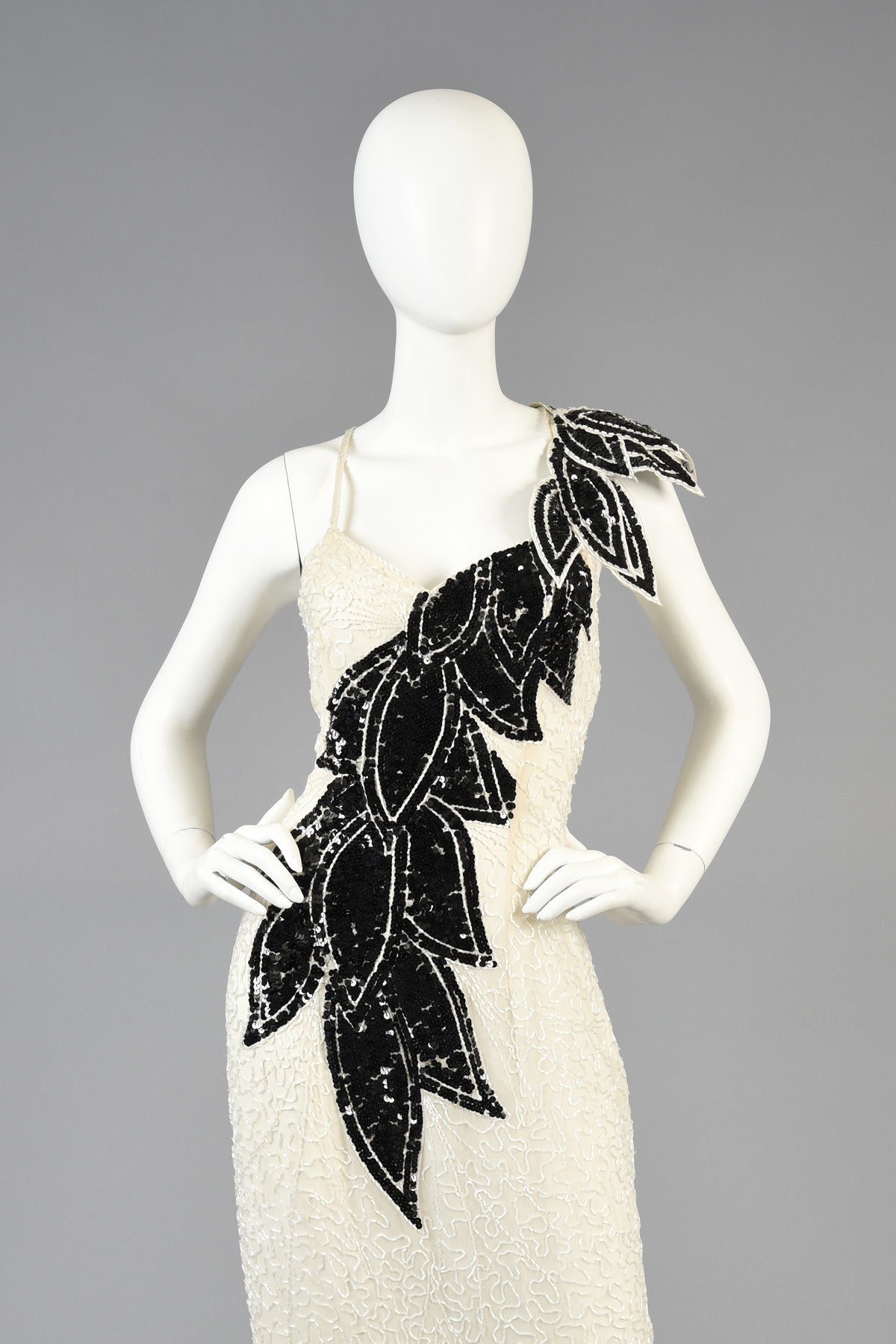 Beige Lillie Rubin Black and White Beaded Gown with Architectural Leaves For Sale