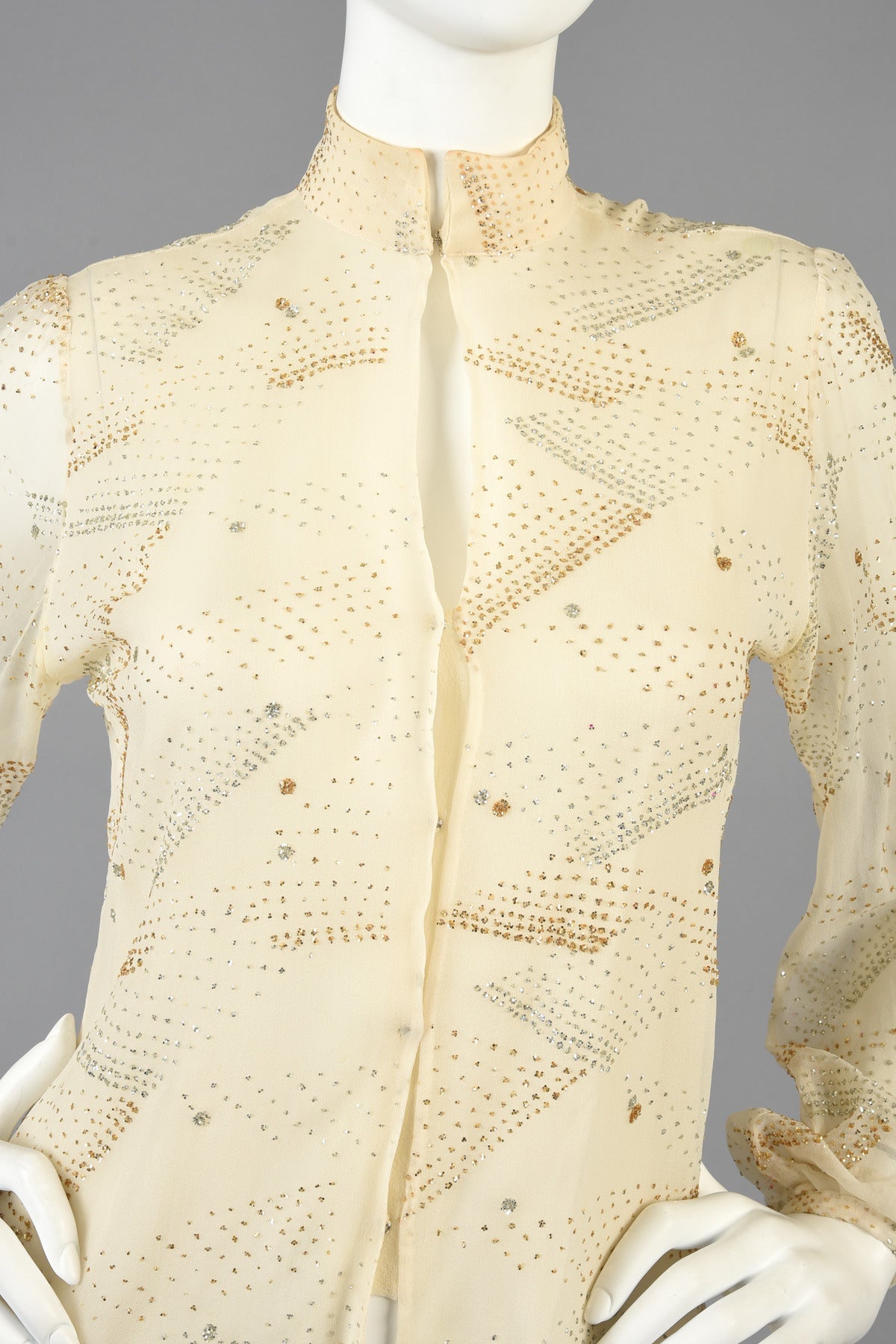 White 1970's Thea Porter Couture Silk Blouse Graphic Metallic Design