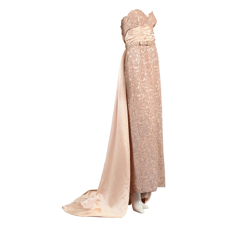 Circa 1952 Pierre Balmain Demi Couture Lace Evening Gown with Train For Sale