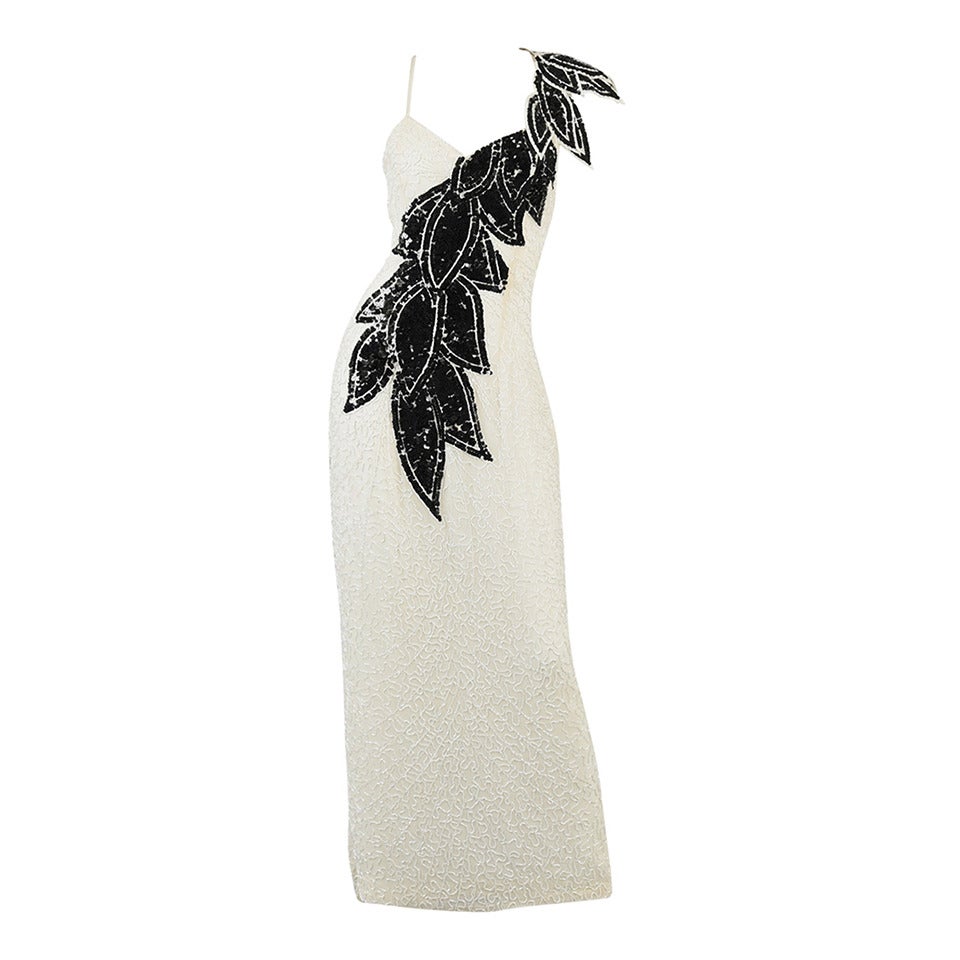 Lillie Rubin Black and White Beaded Gown with Architectural Leaves For Sale