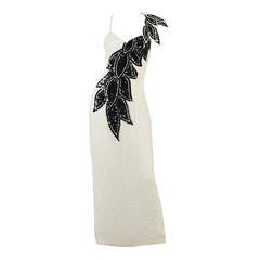 Vintage Lillie Rubin Black and White Beaded Gown with Architectural Leaves