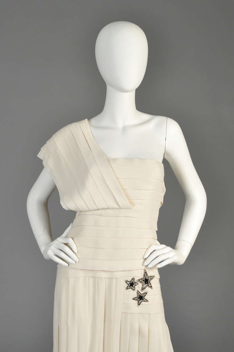 Bernard Perris Pleated One-Shoulder Gown with Beaded Stars In Excellent Condition In Yucca Valley, CA