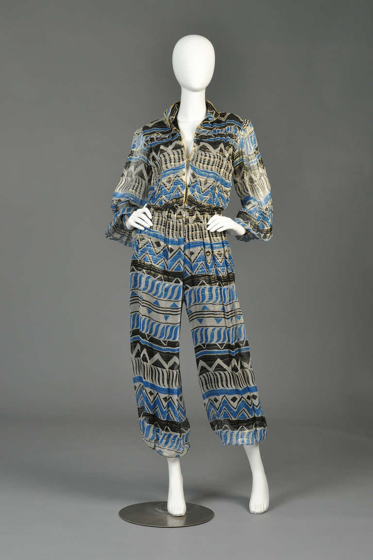Graphic Sheer Silk + Lurex Ethnic Print Jumpsuit In Excellent Condition In Yucca Valley, CA