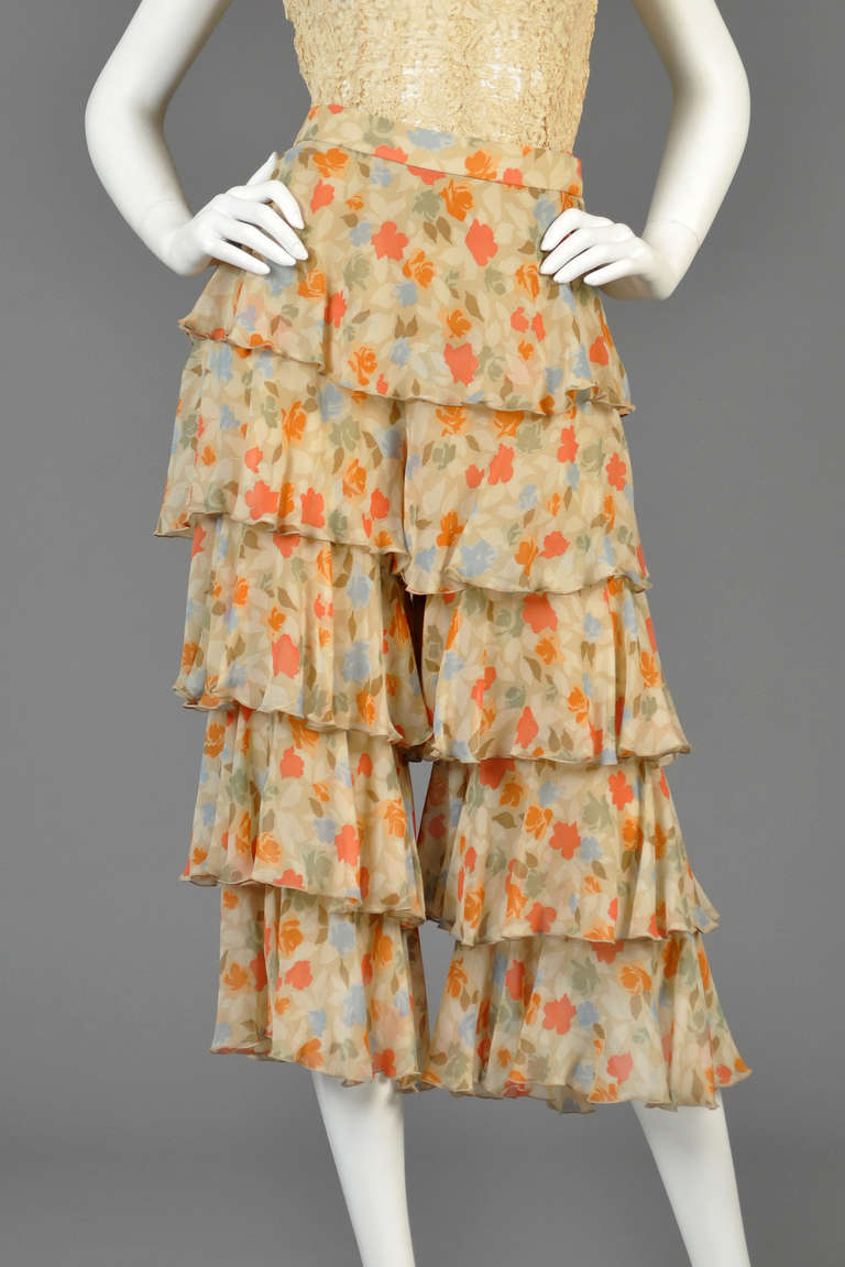 Beige Valentino Silk Floral Ruffle Tiered Pants