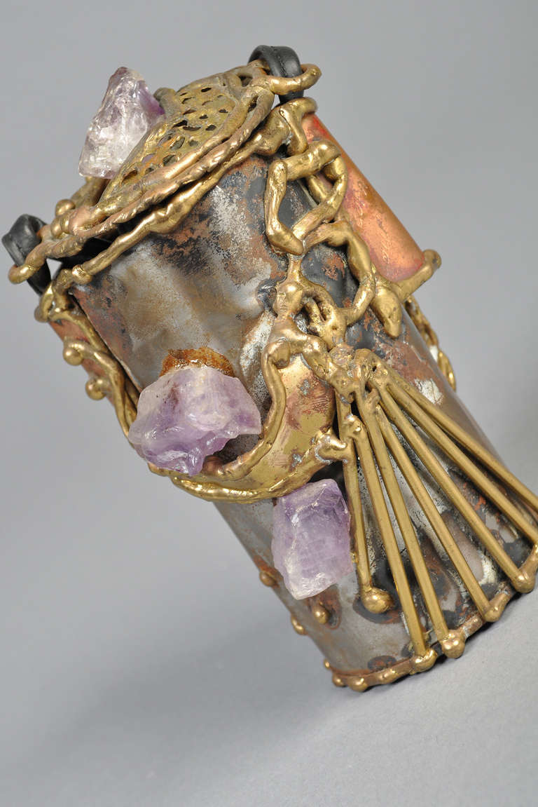 Brutalist Copa Collection Brass + Amethyst Cylindrical Purse In Excellent Condition In Yucca Valley, CA
