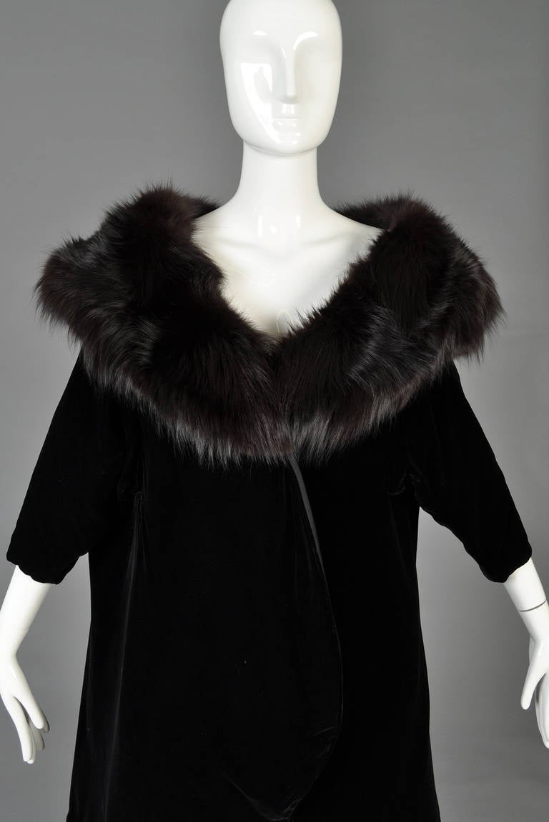 Women's or Men's Mr Blackwell 1960s Velvet + Fox Fur Tapered Swing Coat