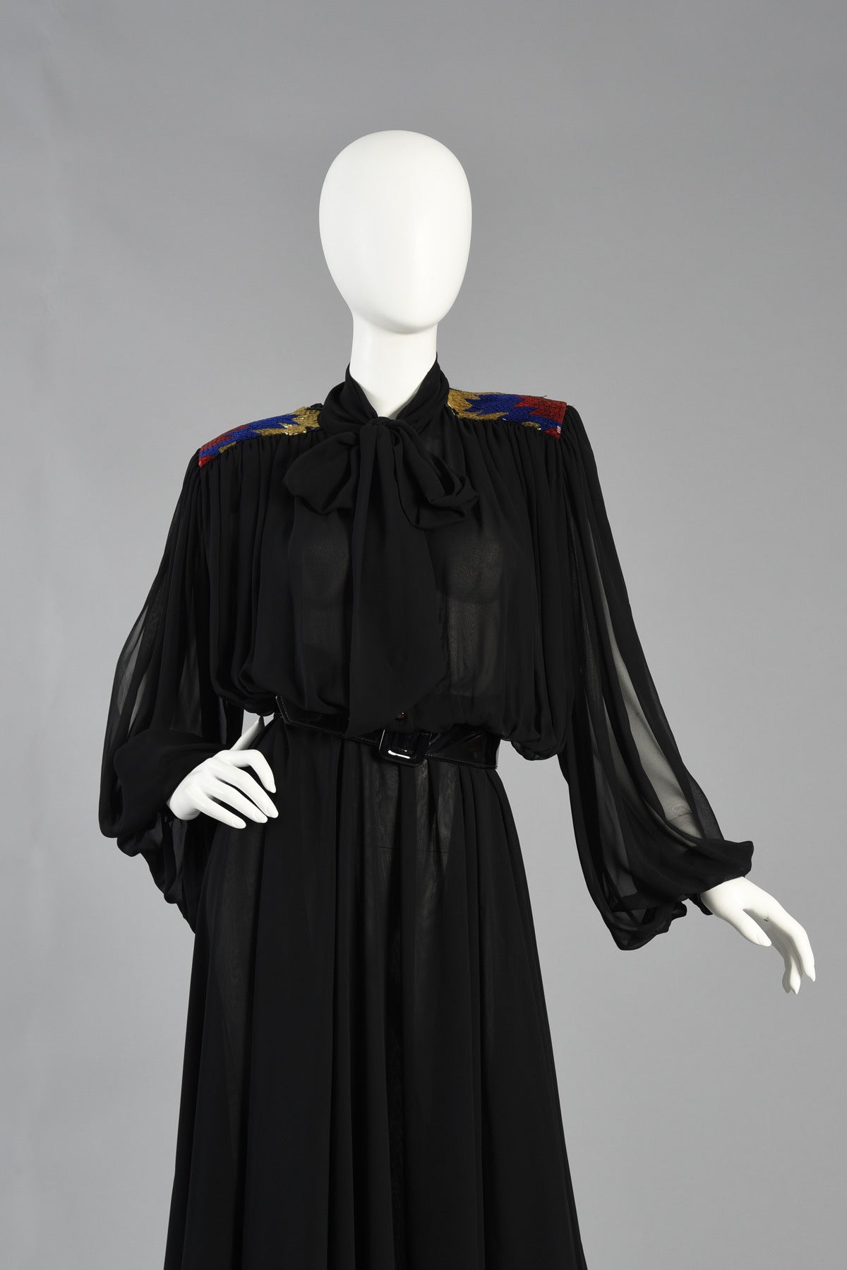 Stunning Wayne Clark Silk Dress with Beaded Details and Blouson Sleeves For Sale 1
