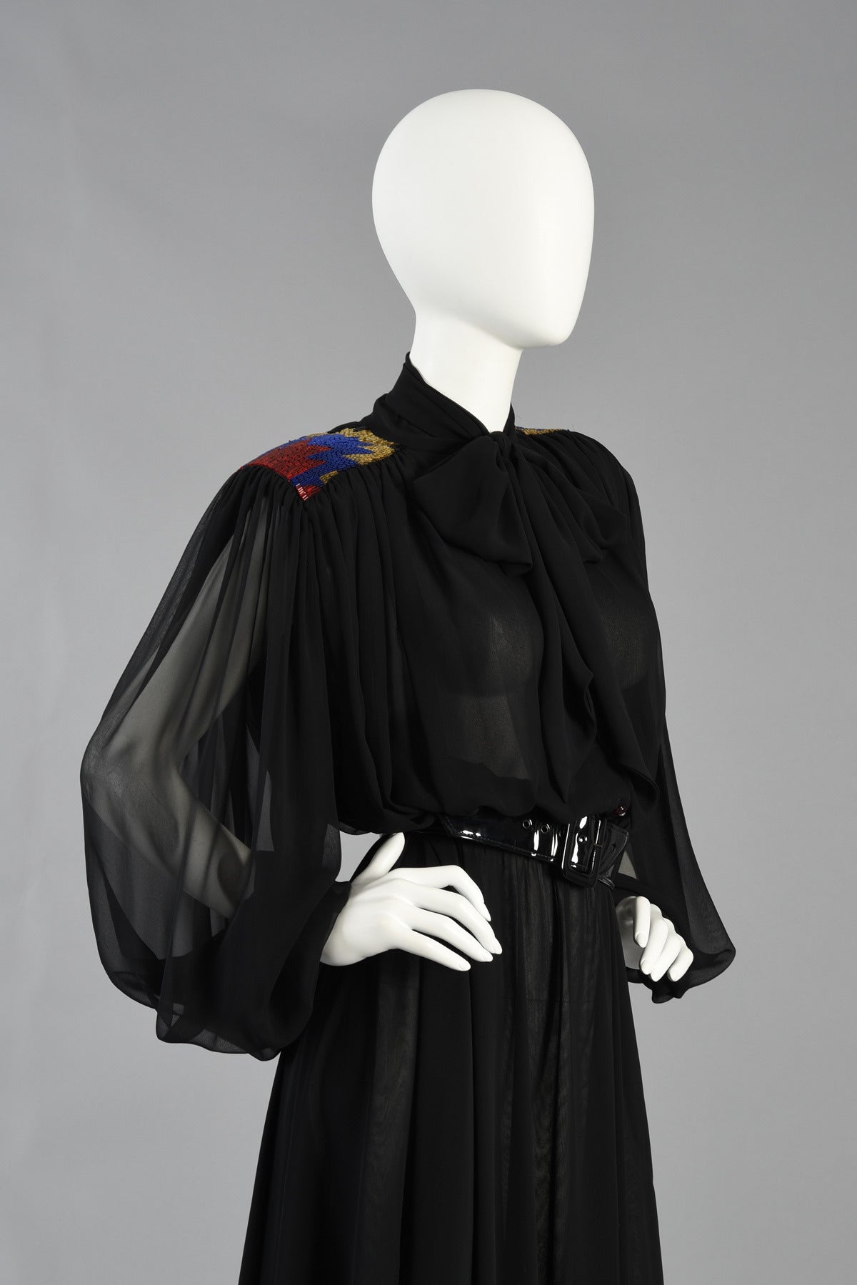 Stunning Wayne Clark Silk Dress with Beaded Details and Blouson Sleeves For Sale 4