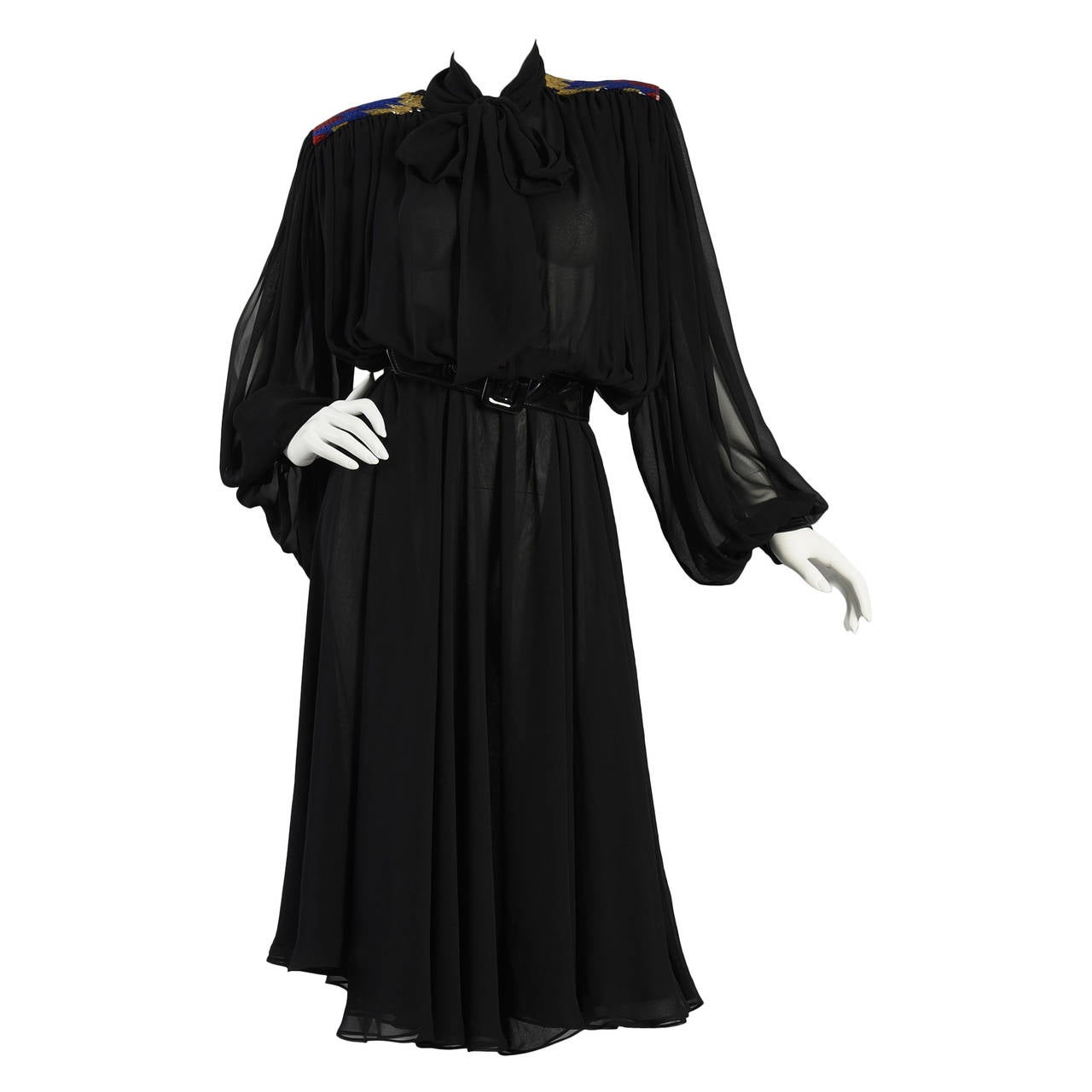 Stunning Wayne Clark Silk Dress with Beaded Details and Blouson Sleeves For Sale