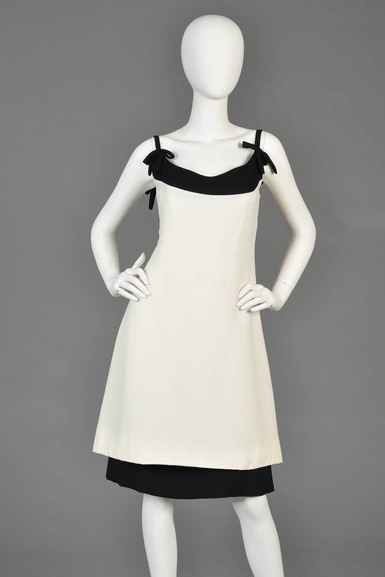 1960s Harou Ivory and Black Tiered Cocktail Dress In Excellent Condition In Yucca Valley, CA