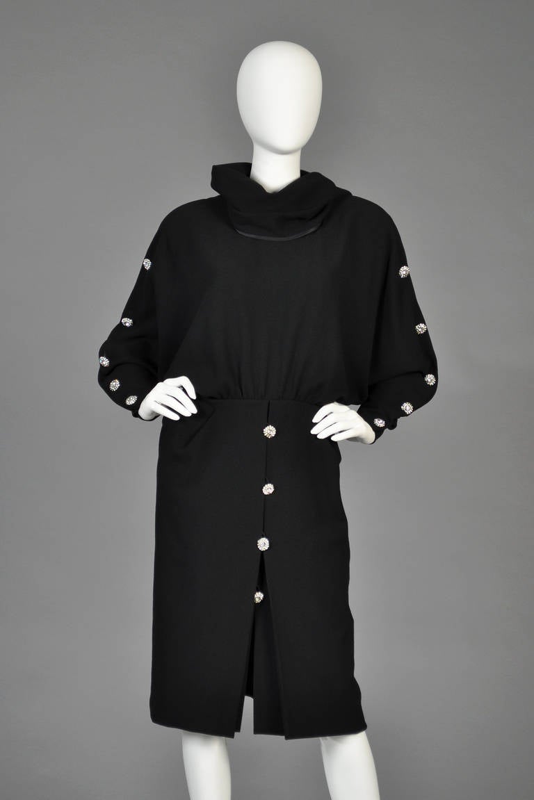 Black Galanos Avant Garde 1980s Rhinestone Button Dress