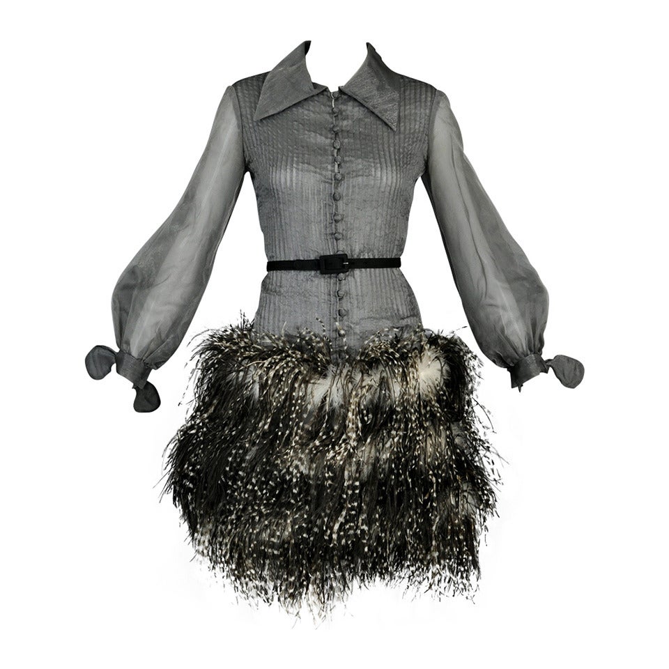 1960s Gunmetal Organza Dress with Ostrich Feather Hem For Sale
