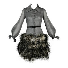 1960s Gunmetal Organza Dress with Ostrich Feather Hem