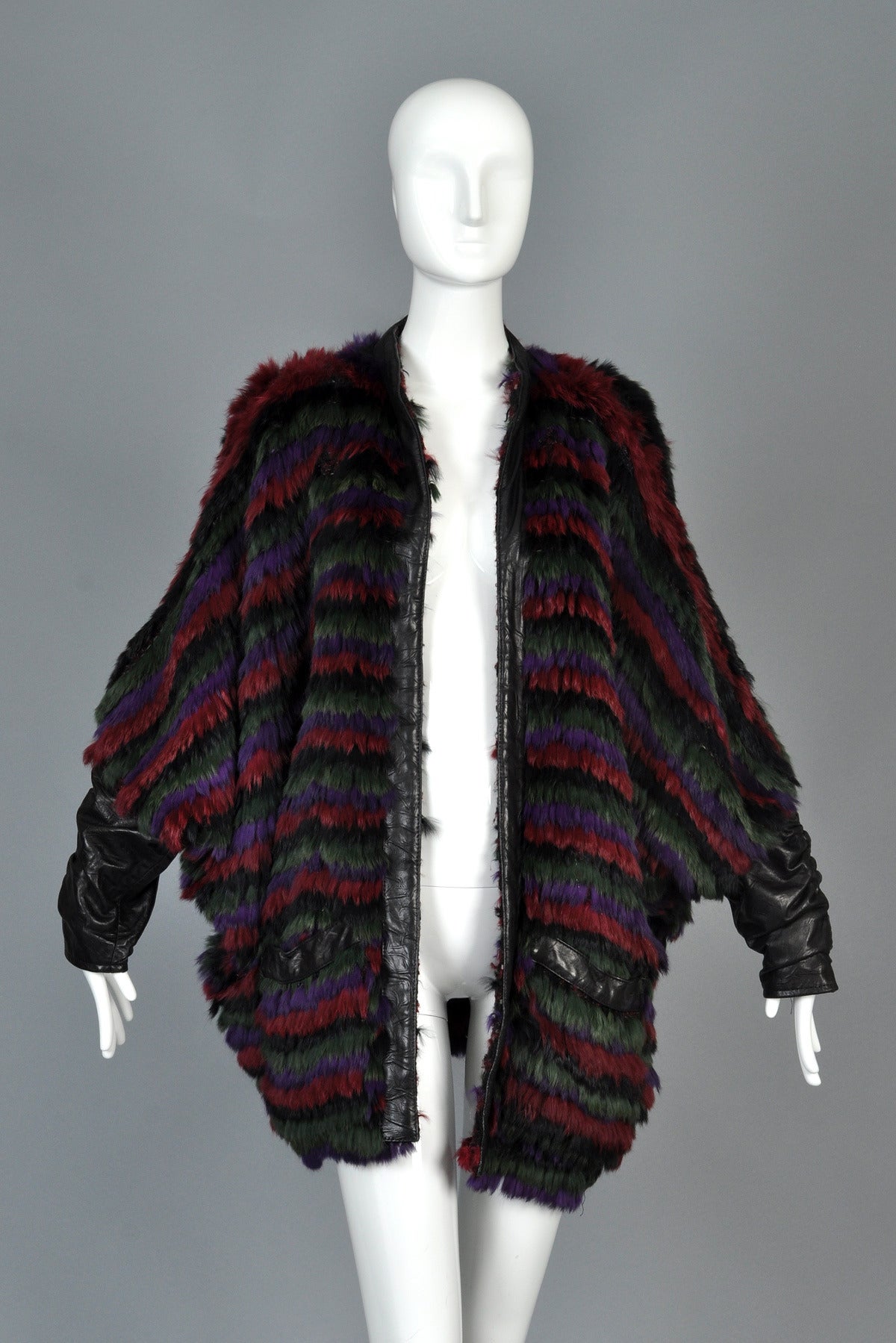 Multicolored Knit Wool + Fox Fur Coat with Leather Sleeves In Excellent Condition In Yucca Valley, CA