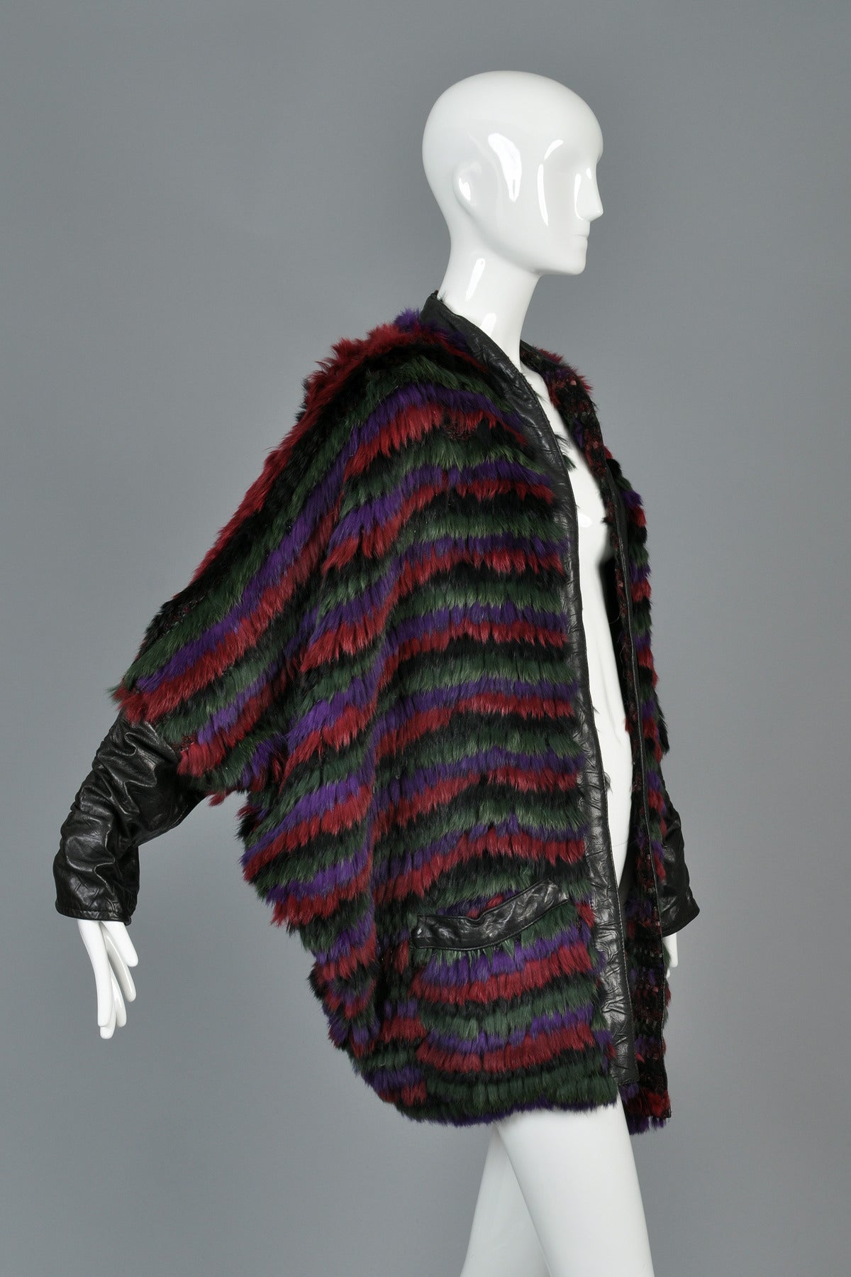 Multicolored Knit Wool + Fox Fur Coat with Leather Sleeves 1