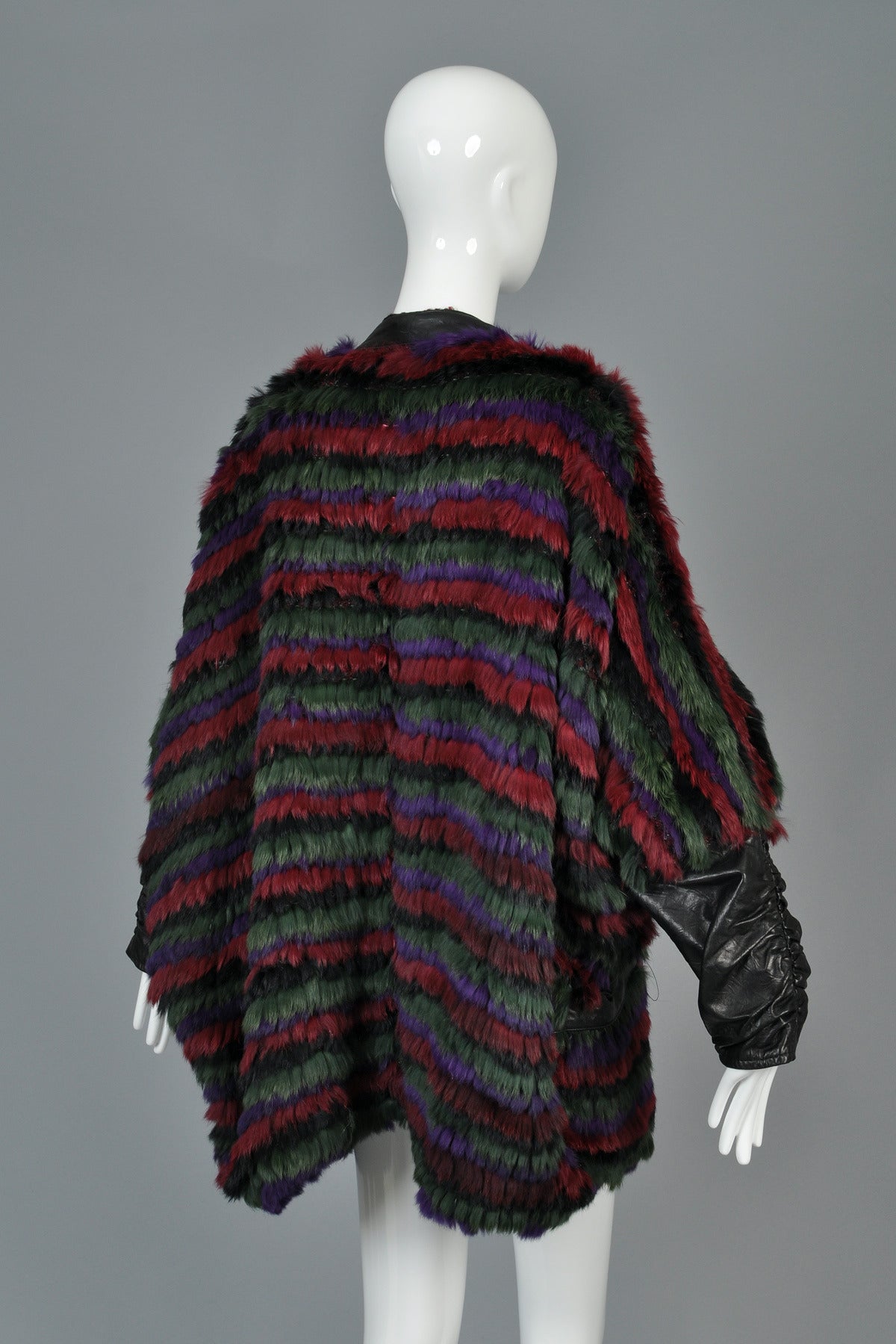 Multicolored Knit Wool + Fox Fur Coat with Leather Sleeves 2