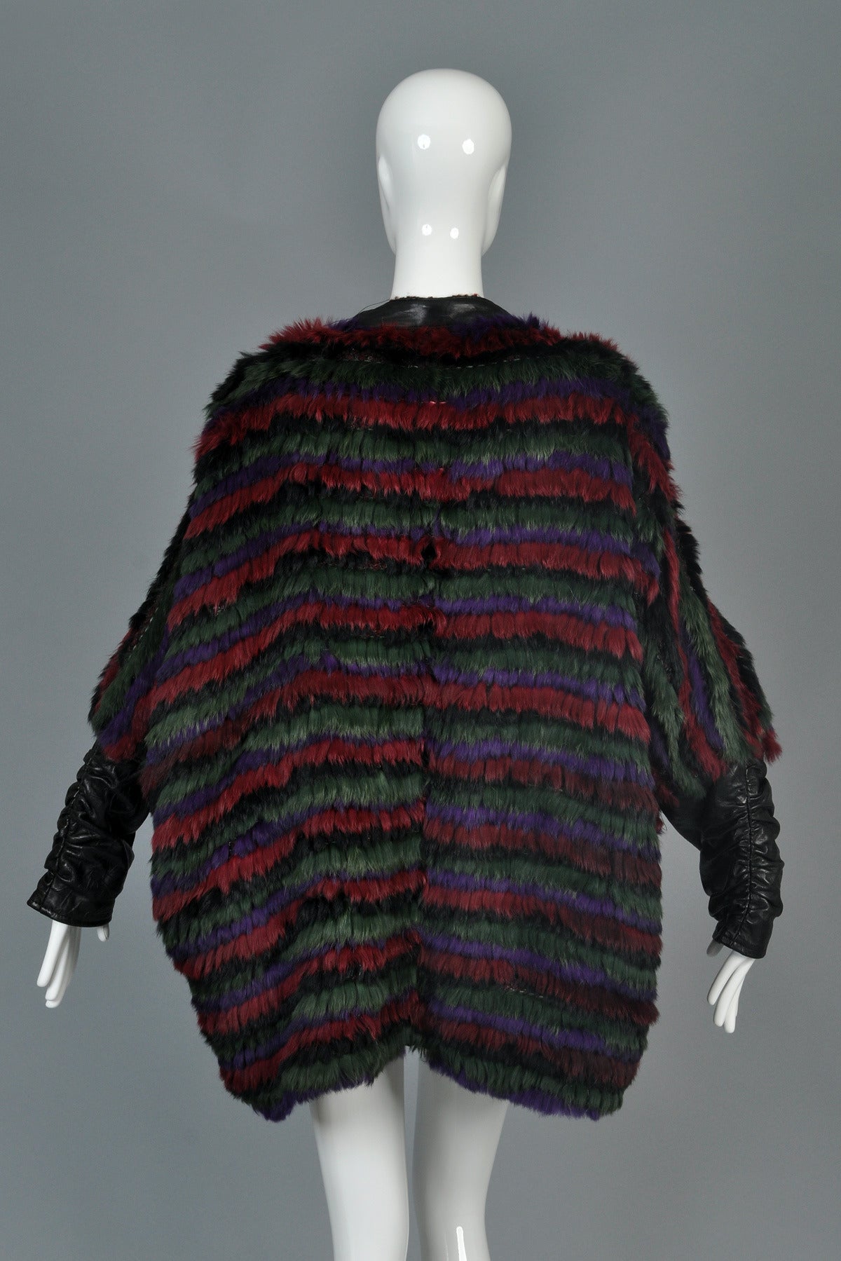 Multicolored Knit Wool + Fox Fur Coat with Leather Sleeves 3