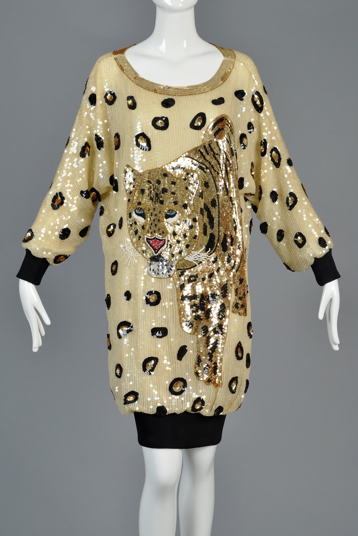 Sequin Encrusted Cocoon Dress with Leopard Motif In Excellent Condition In Yucca Valley, CA