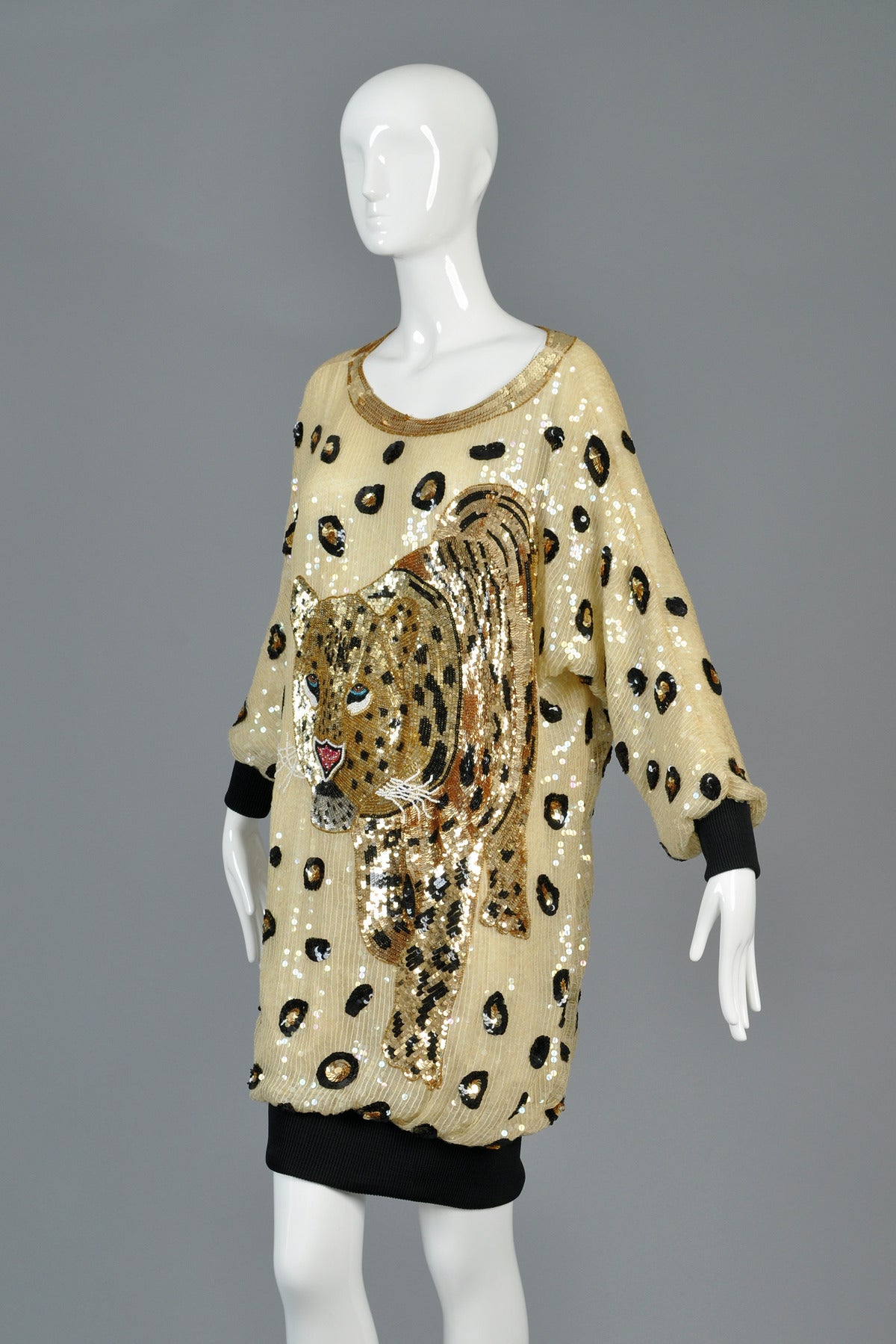 Sequin Encrusted Cocoon Dress with Leopard Motif 4