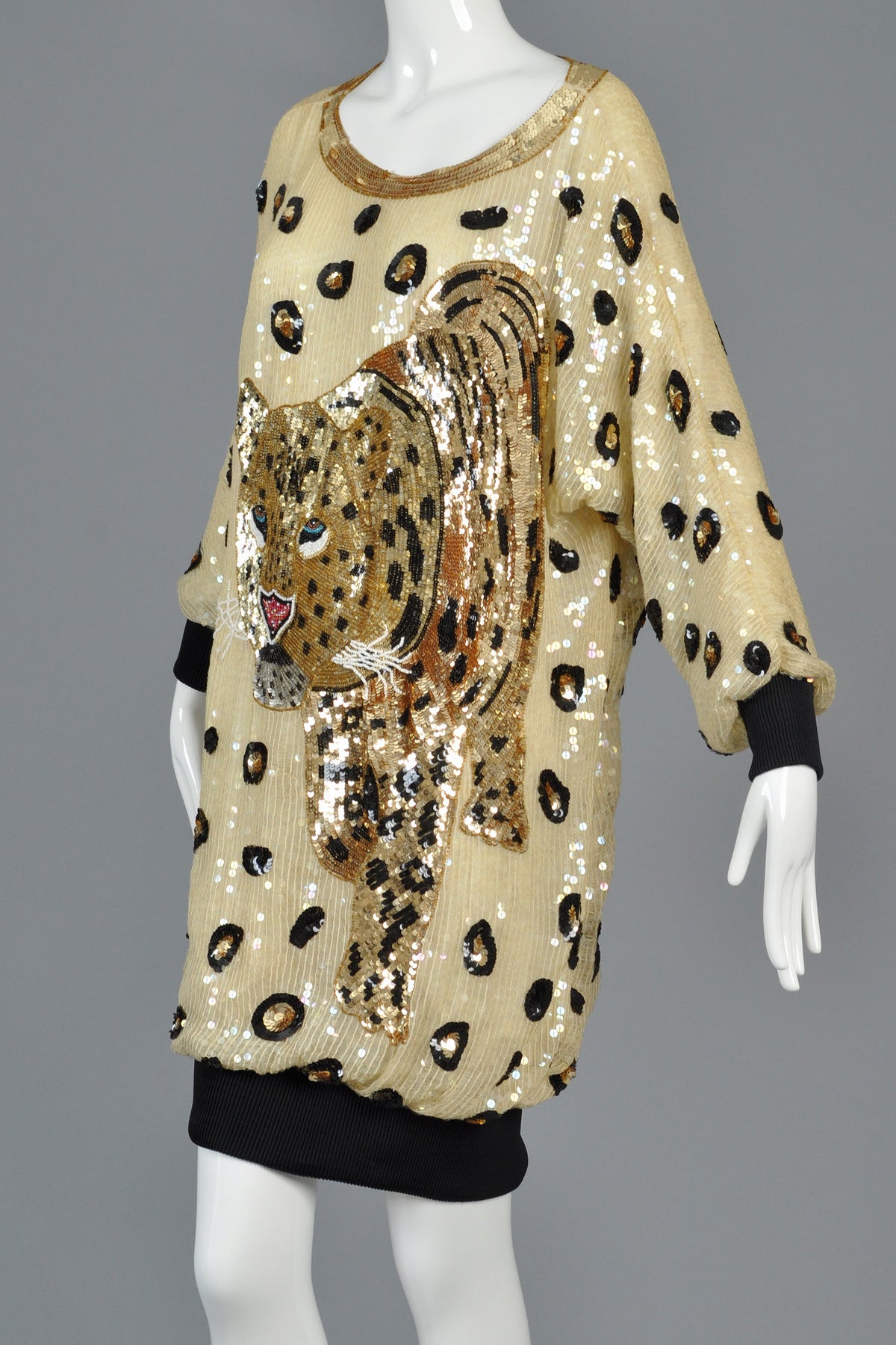 Sequin Encrusted Cocoon Dress with Leopard Motif 5