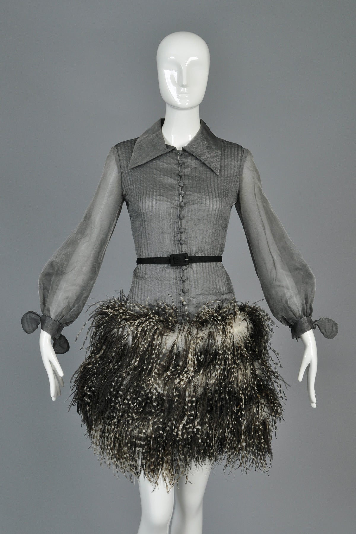 1960s Gunmetal Organza Dress with Ostrich Feather Hem For Sale at 1stdibs