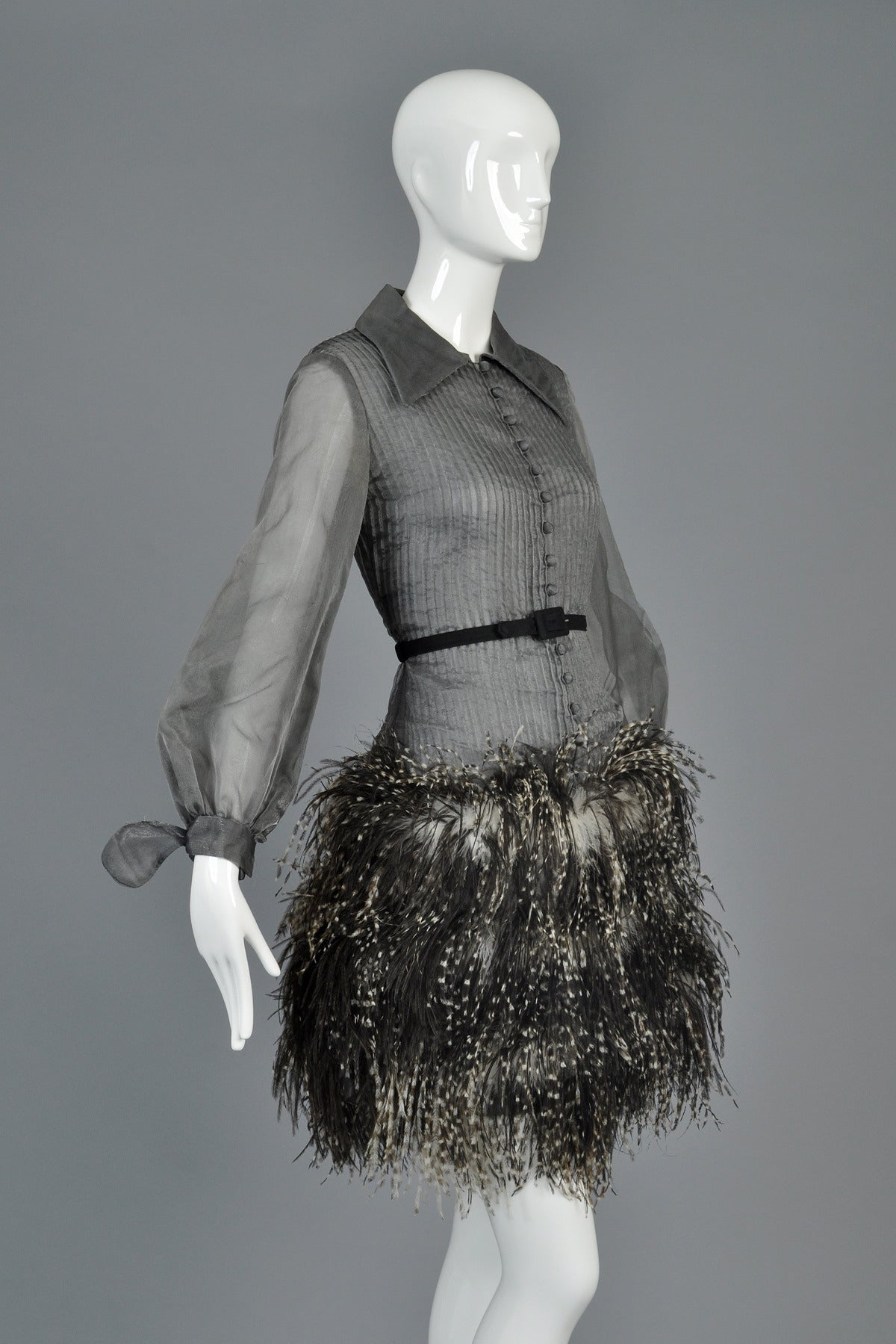Women's 1960s Gunmetal Organza Dress with Ostrich Feather Hem For Sale