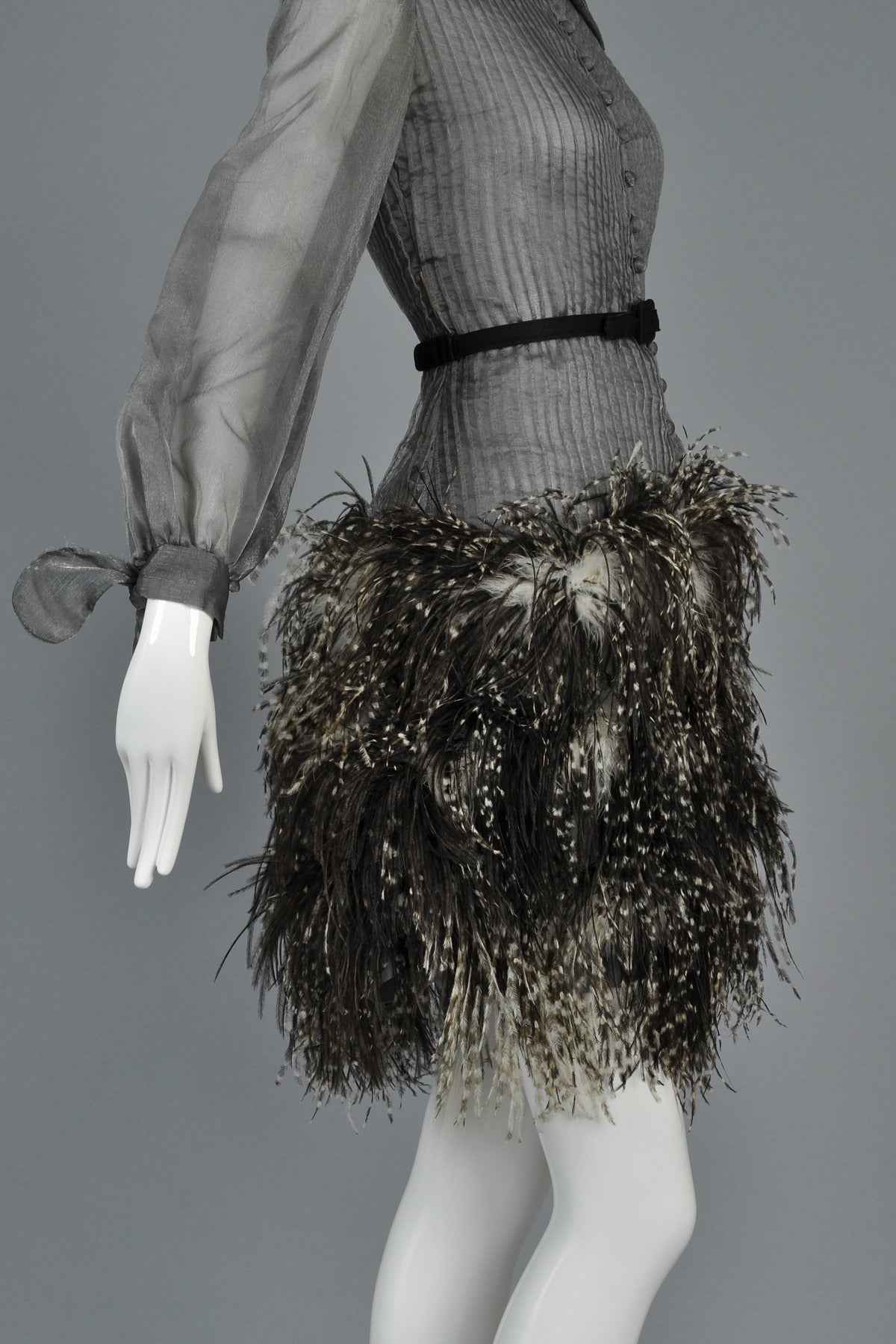 1960s Gunmetal Organza Dress with Ostrich Feather Hem For Sale 2