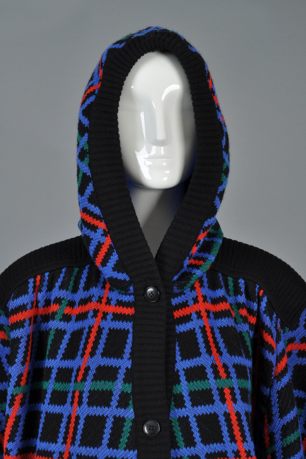 Women's Yves Saint Laurent 1980s Plaid Hooded Knit Cocoon Jacket